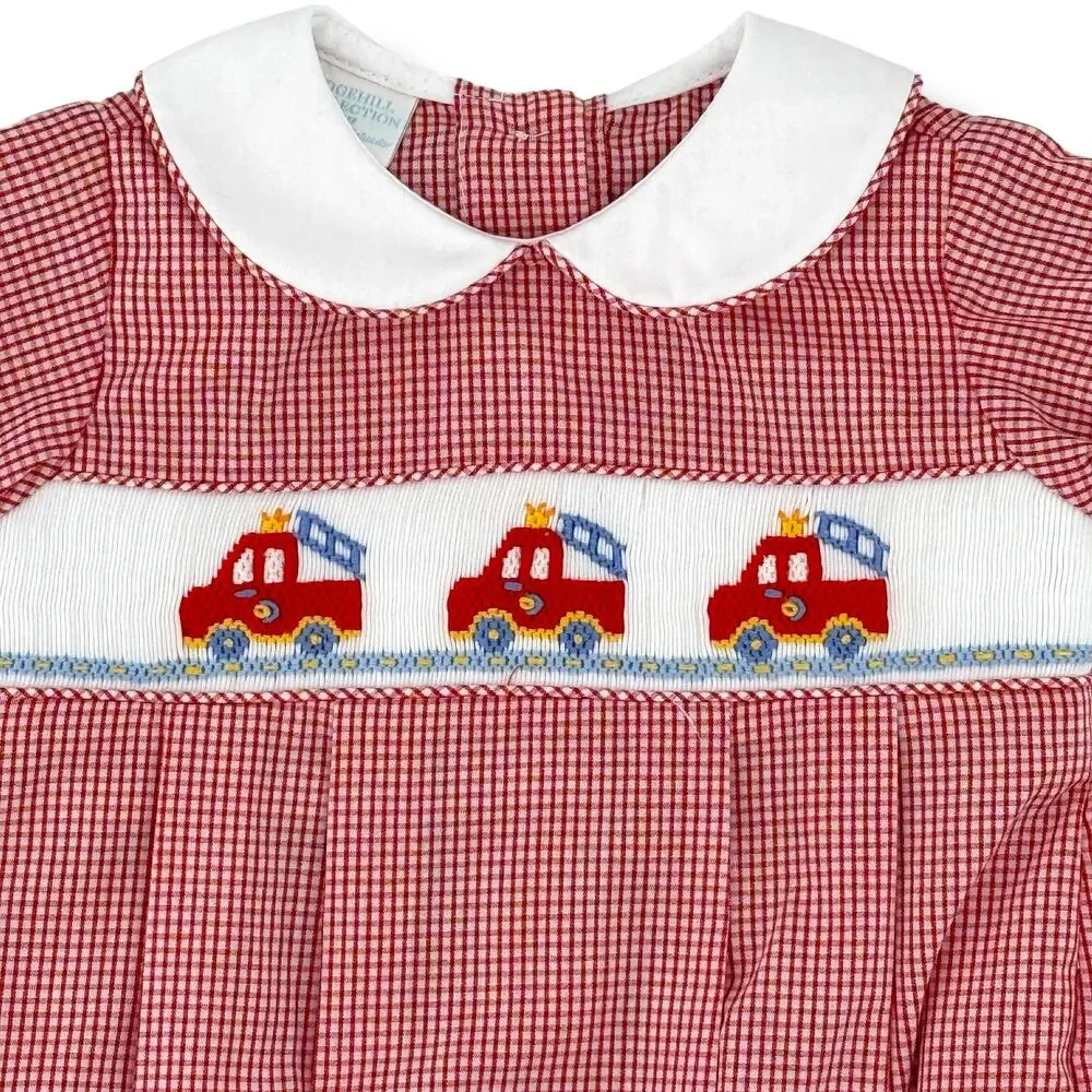 Edgehill Collection Gingham Firetruck Smocked Bubble Romper Baby Boys Sz 3 Mos